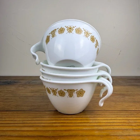 Vintage Pyrex Butterfly Gold Cups – Set of 4 | White Milk Glass - Picture 2 of 9